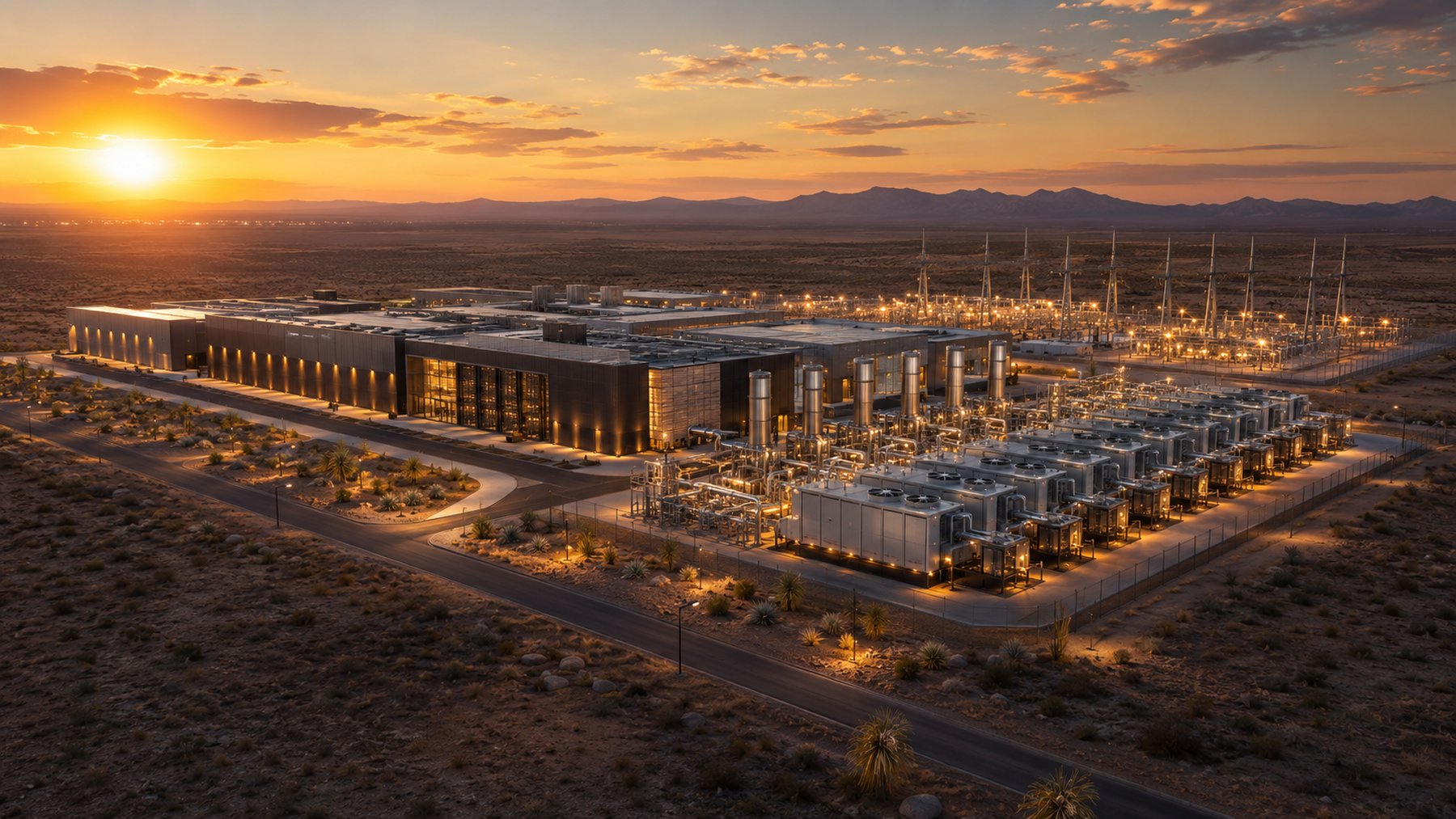 Concept rendering — a Texas AI data center powered behind the meter at sunset