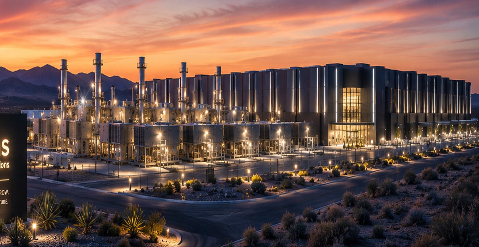 Concept rendering — an Atlas private grid campus at dawn